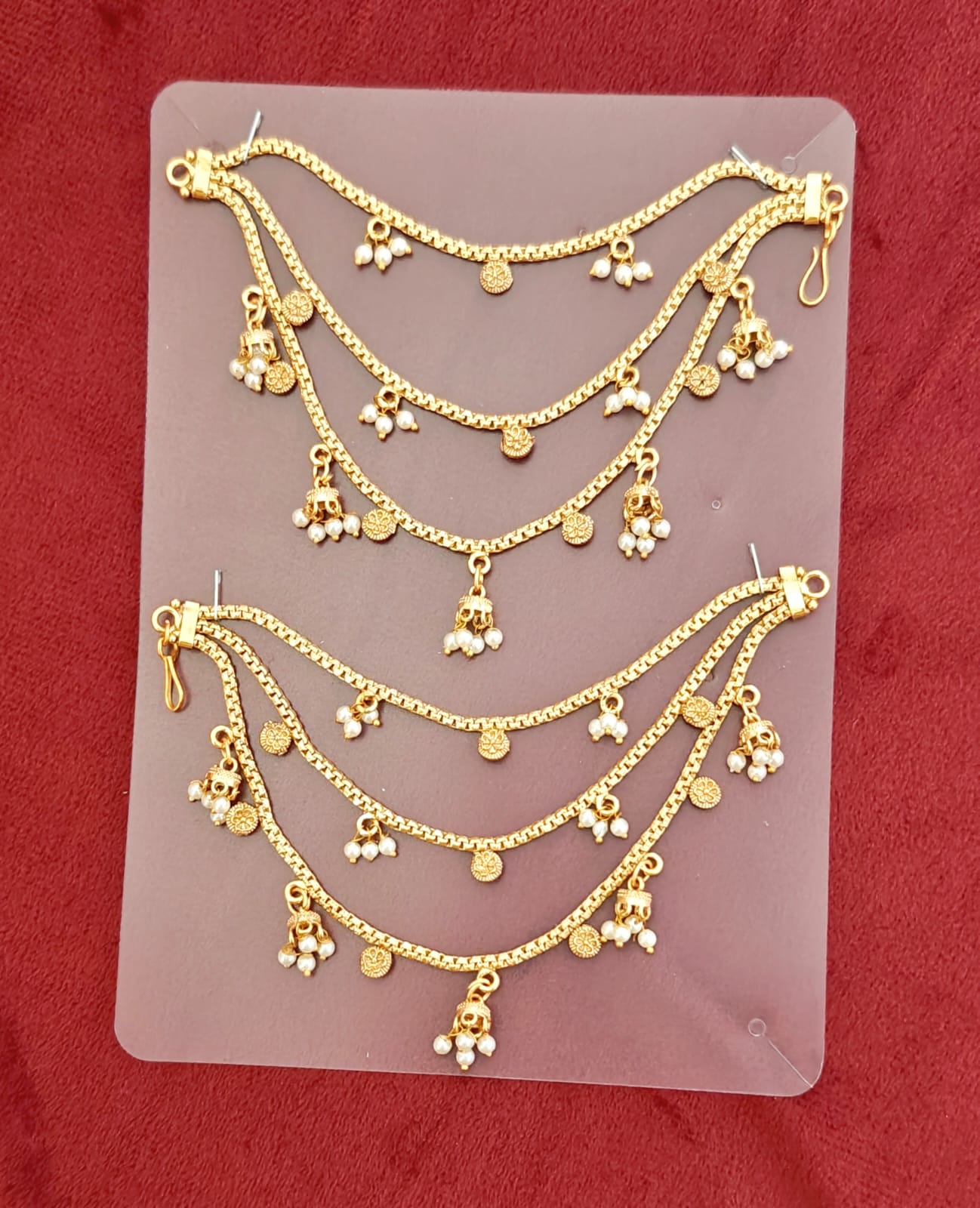 Antique Gold Box-Chain Three-Layered Ear Saharas (Kaanchain)