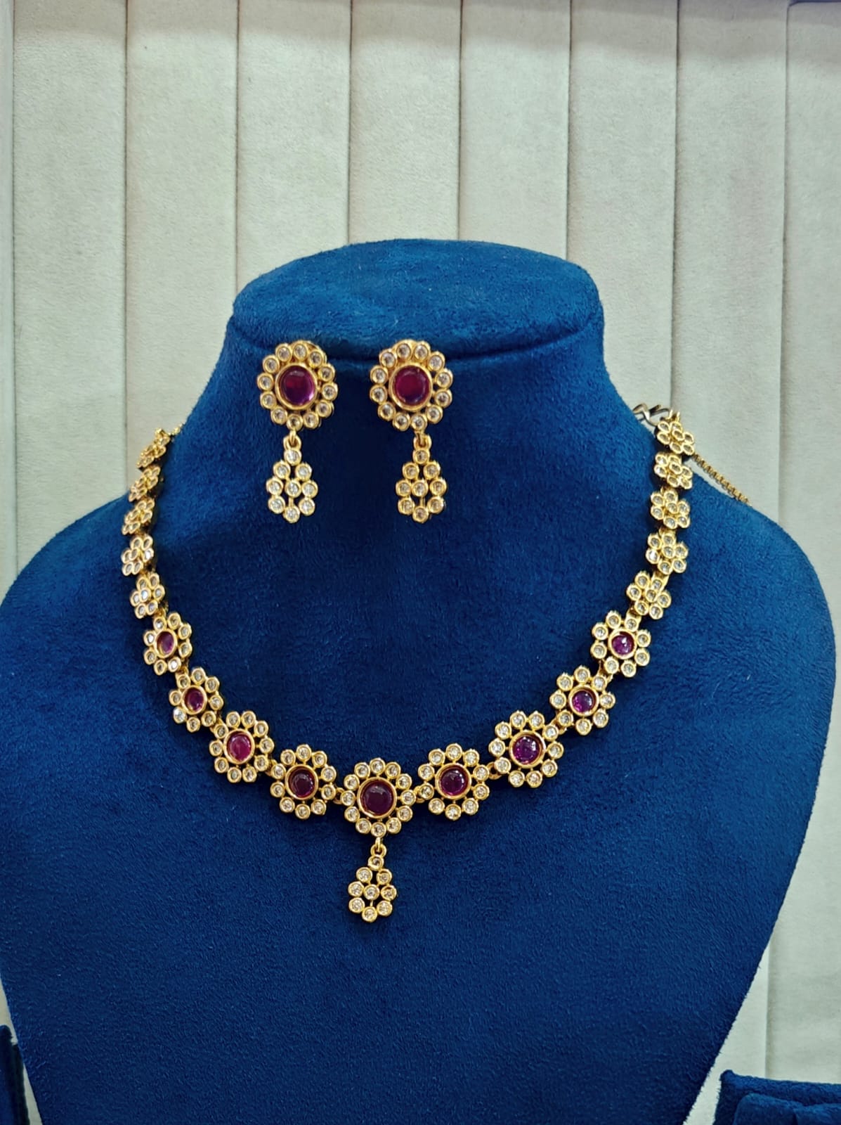 Gold Plated Ruby and Crystal Flower Necklace Set
