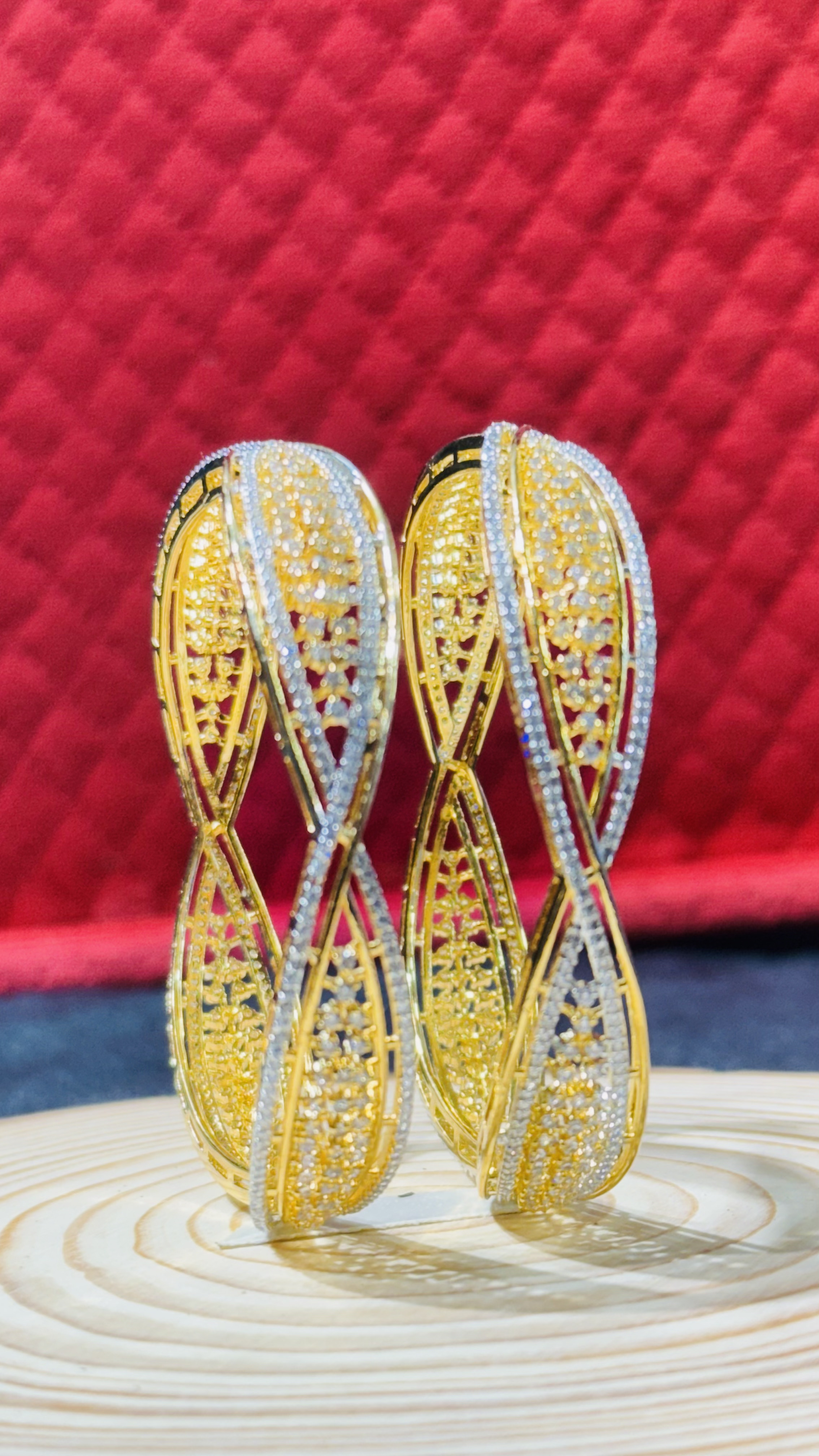 Gold-Plated Twisted Design Bangles with Rhinestone Accents