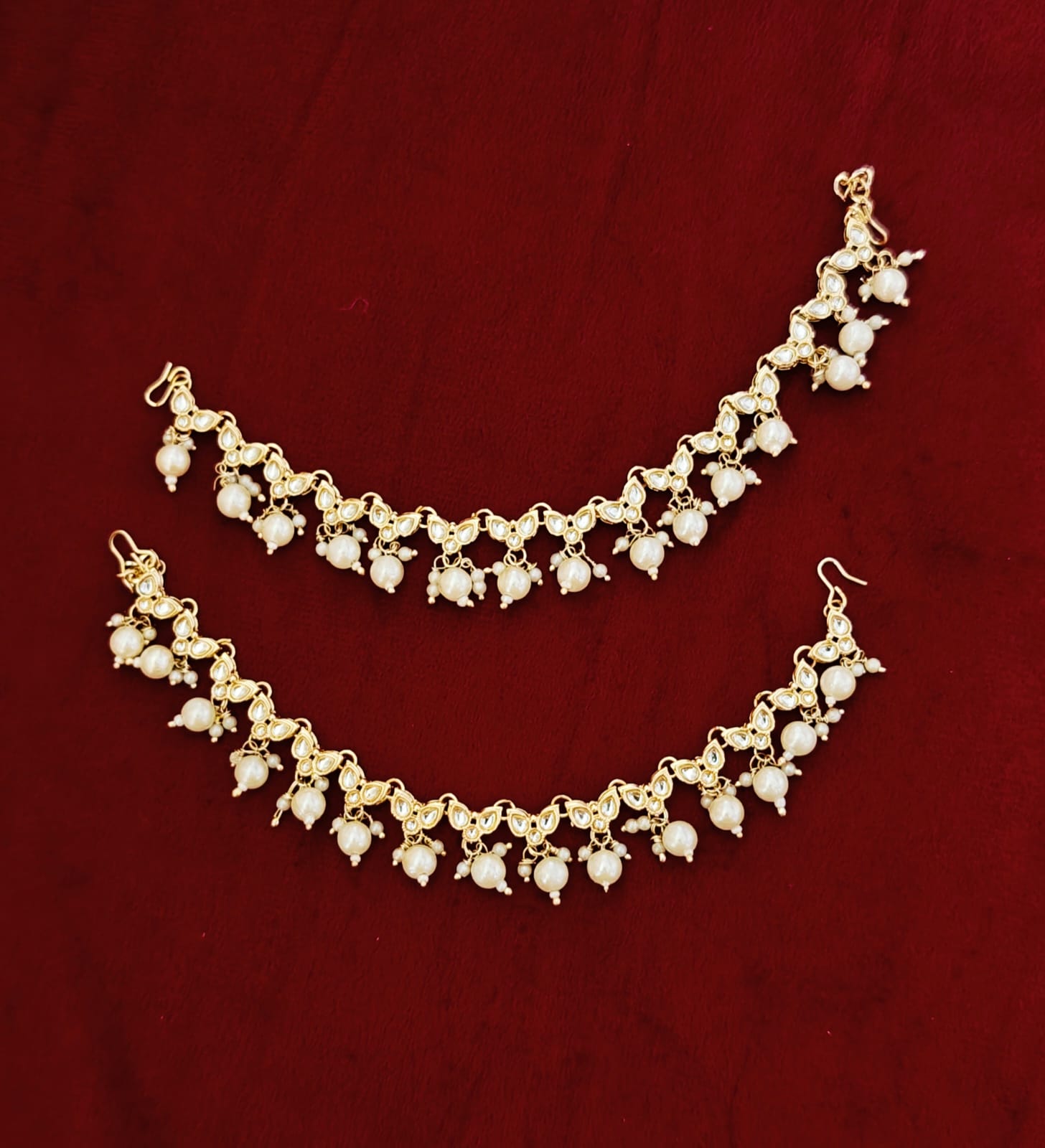 Kundan & Pearl Drop Single-Strand Ear Saharas (Kaanchain)