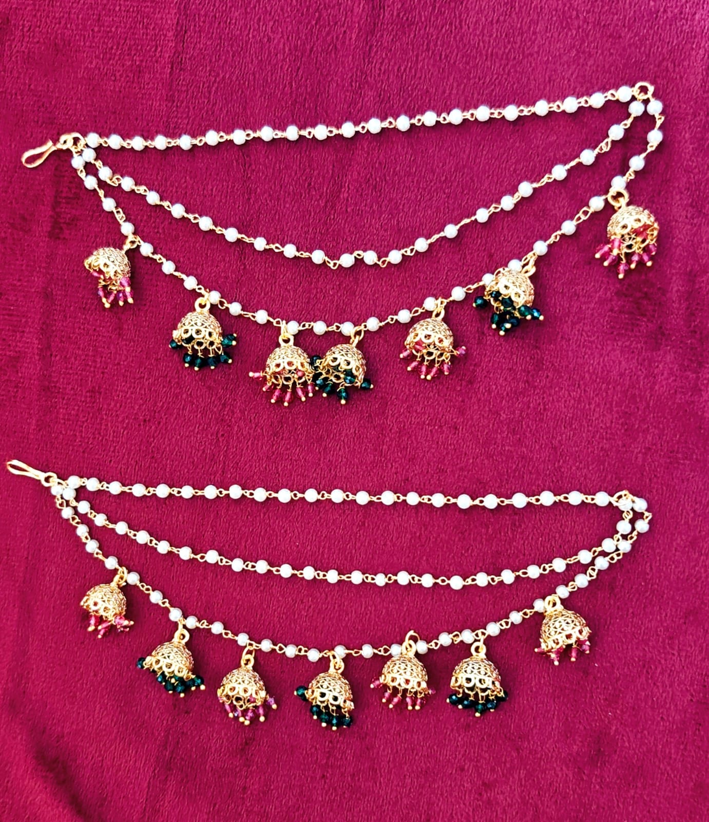 Pearl & Multi-Color Jhumki Layered Ear Saharas (Kaanchain)