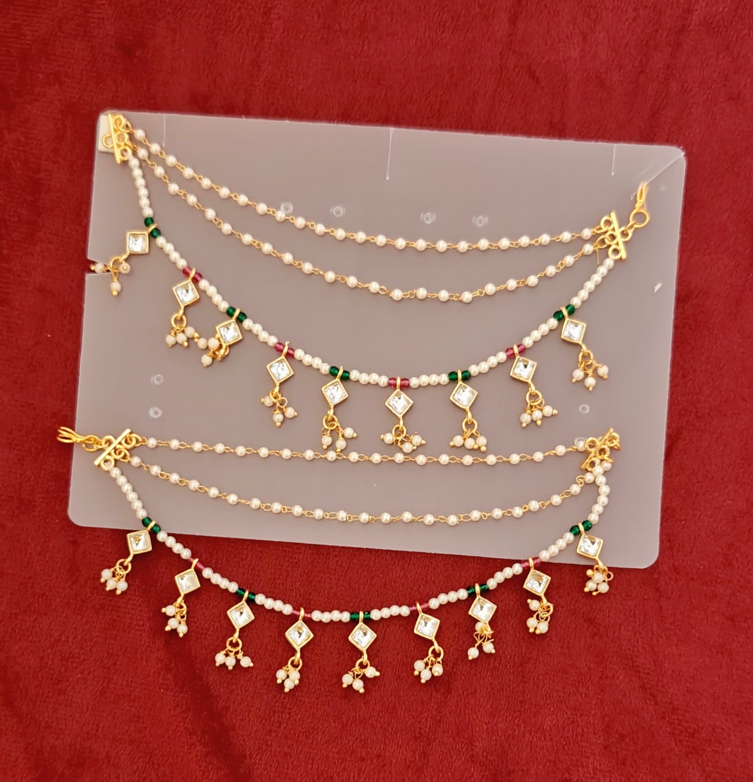 Three-Layered Kundan & Multi-Color Bead Ear Saharas (Kaanchain)