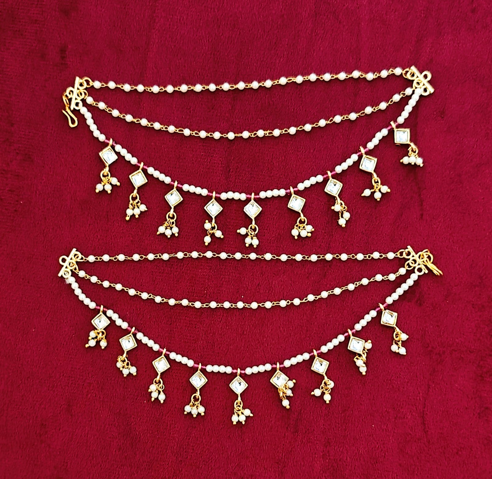 Three-Layered Kundan & Pearl Drop Ear Saharas (Kaanchain)