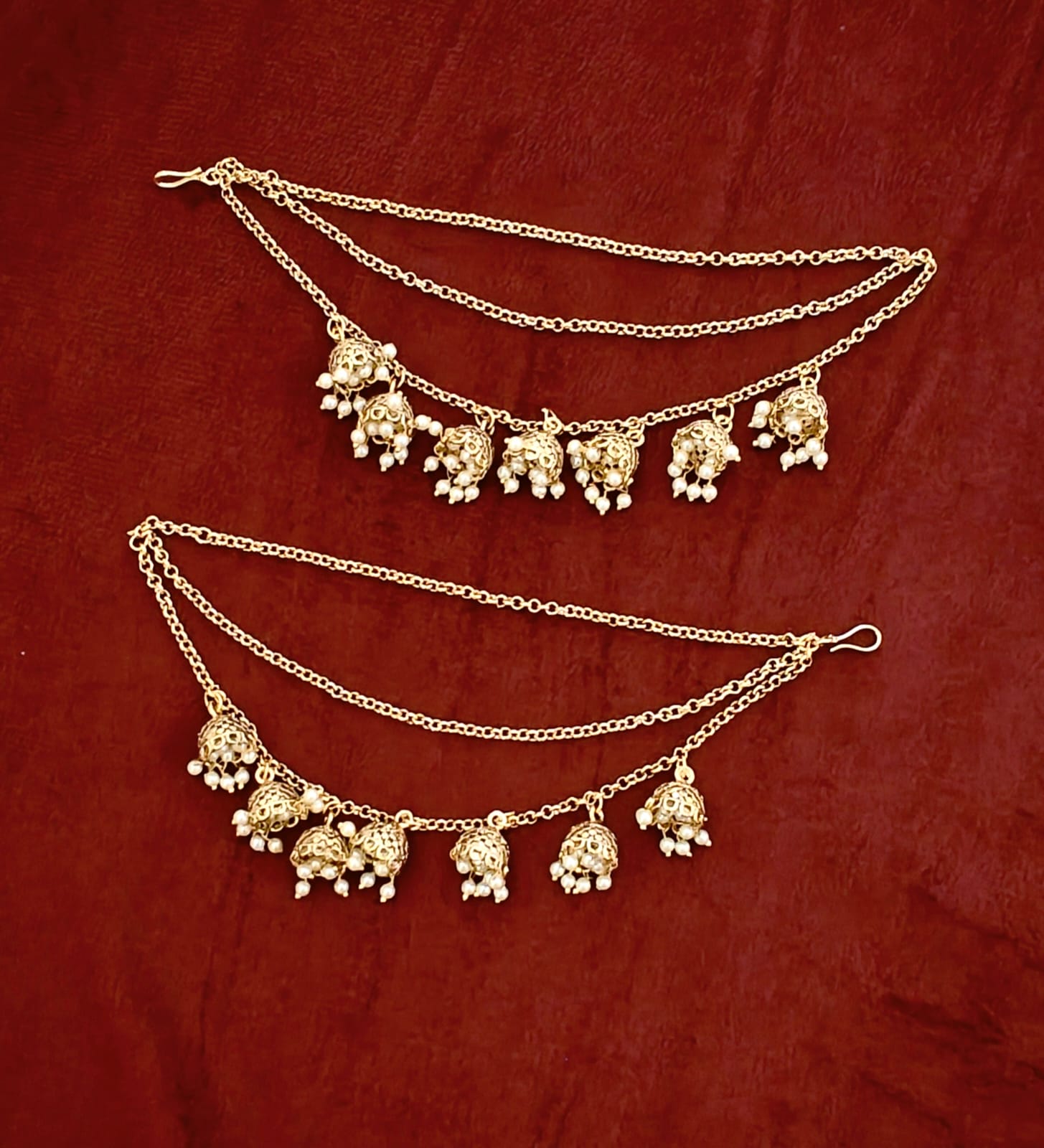Three-Layered Pearl Jhumki Drop Ear Saharas (Kaanchain)